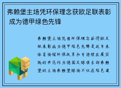 弗赖堡主场凭环保理念获欧足联表彰 成为德甲绿色先锋